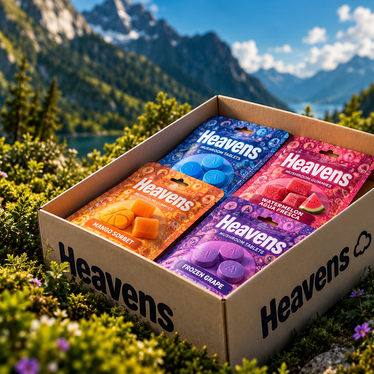 Open gift box of assorted pouches on moss