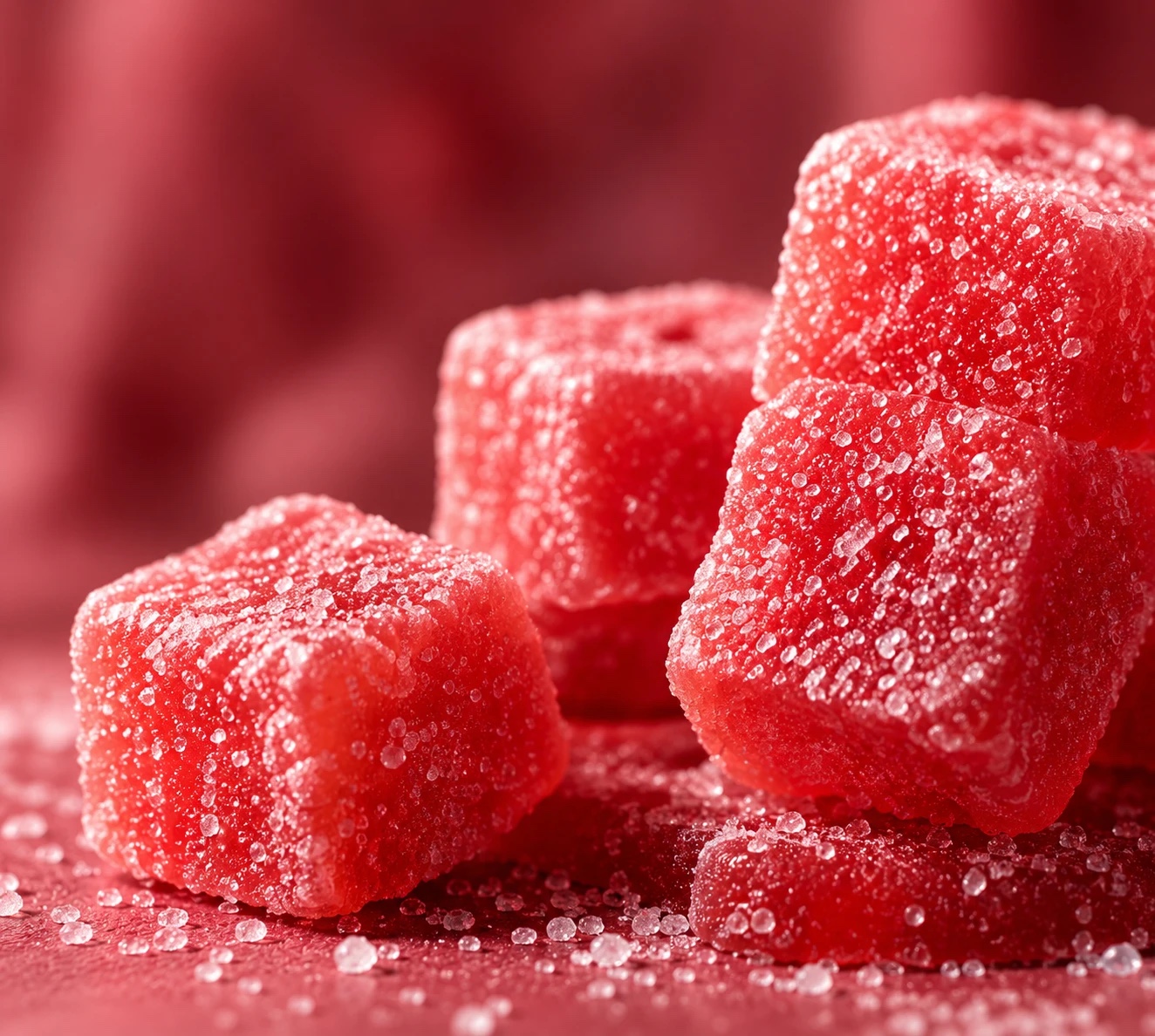 Red sugared gummies close up