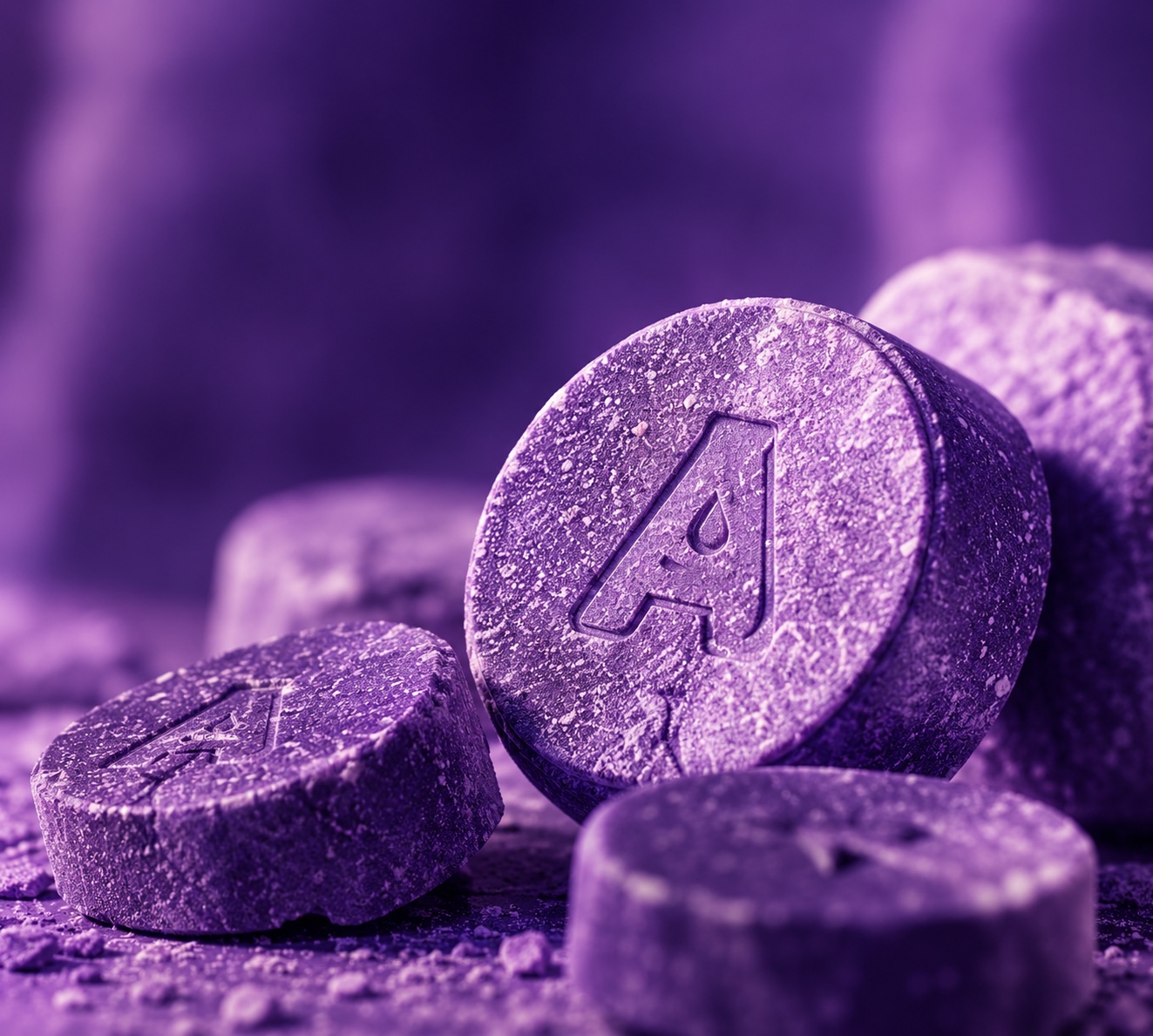 Purple embossed tablets close up