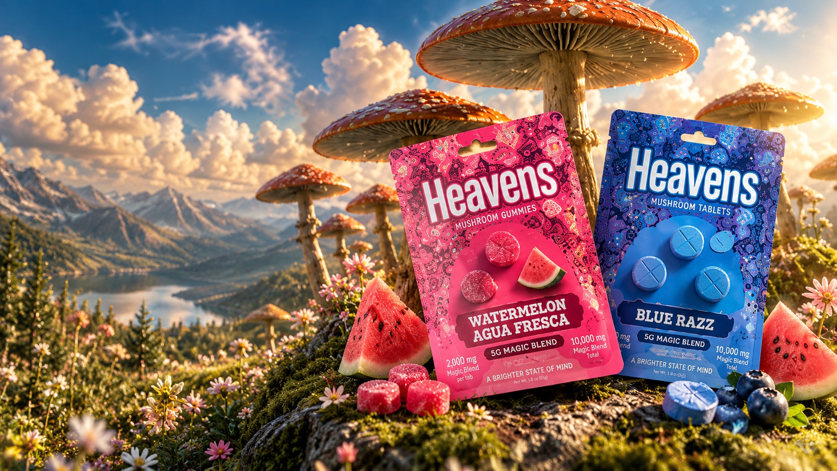 Watermelon Agua Fresca gummies and Blue Razz tablets pouches on a mossy rock before a sunrise mushroom valley