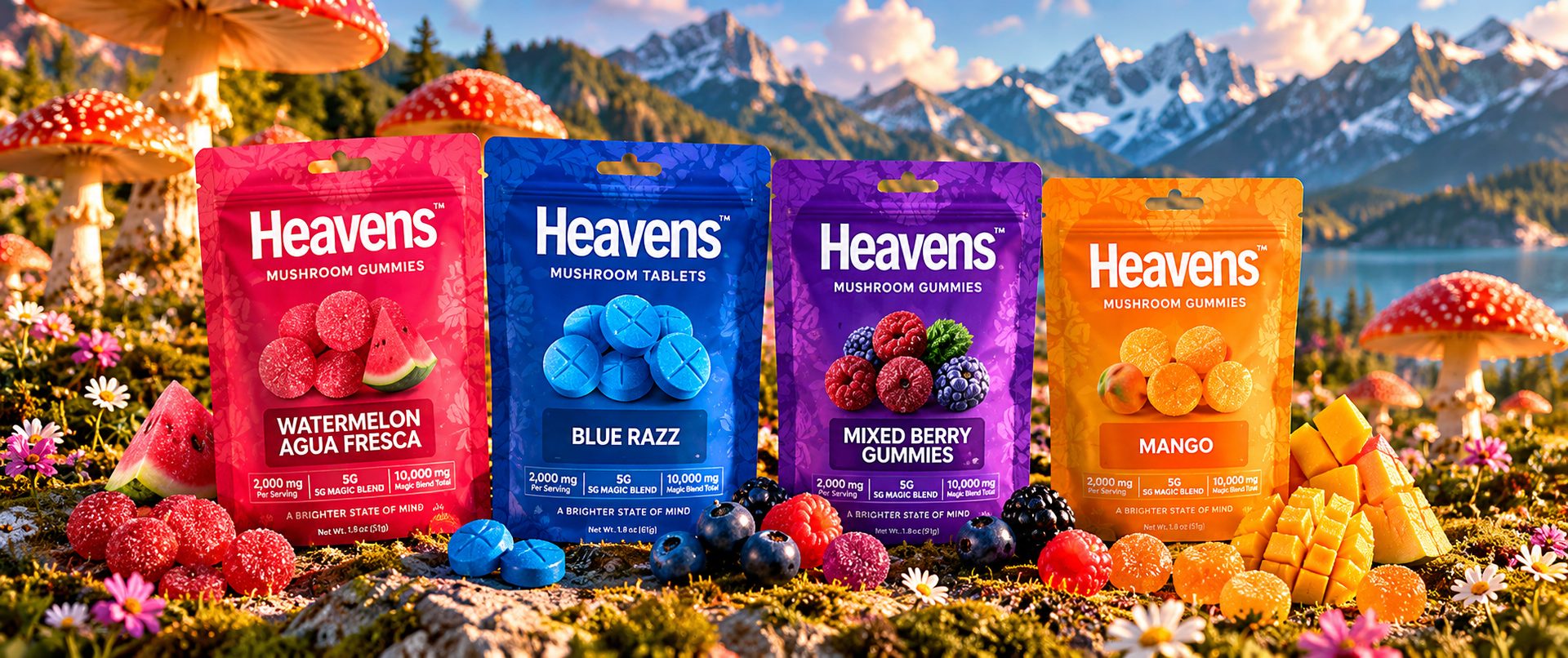 Heavens gummy and tablet pouches standing in an alpine meadow with fruit and mushrooms
