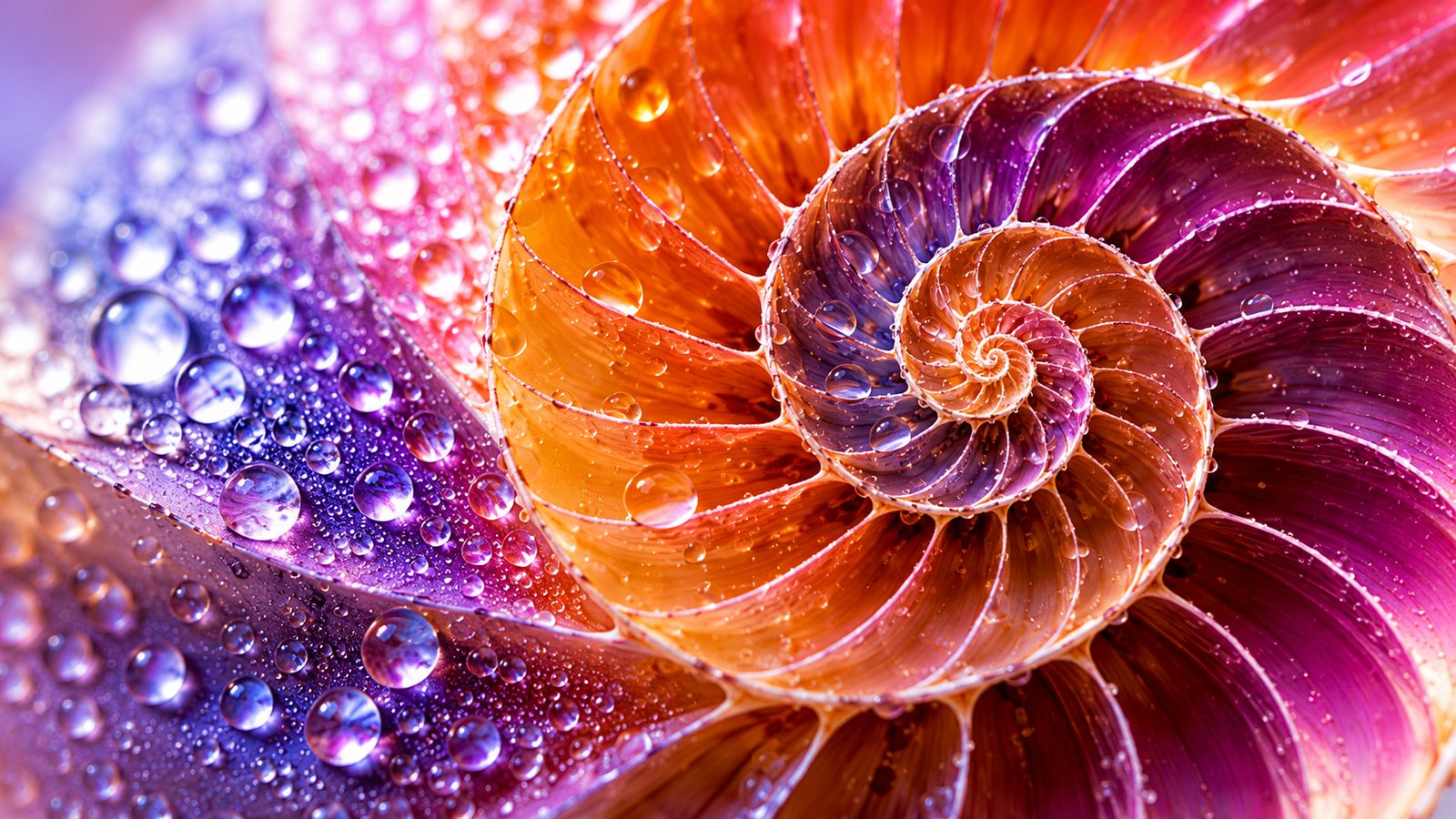 A dew-covered iridescent spiral shell in violet and gold